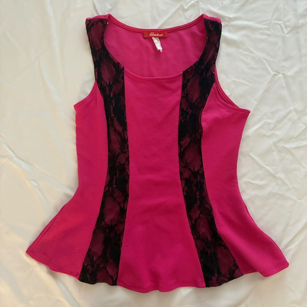 Hot pink Rainbow peplum top with black lace
